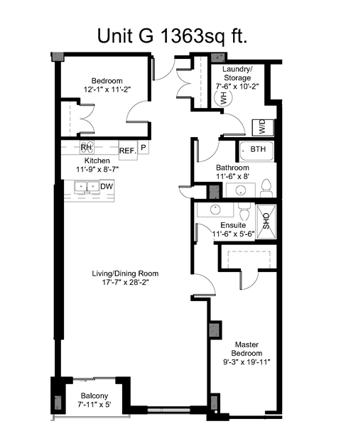Floor plan for 2 beds, 2 baths, 1363 sqft